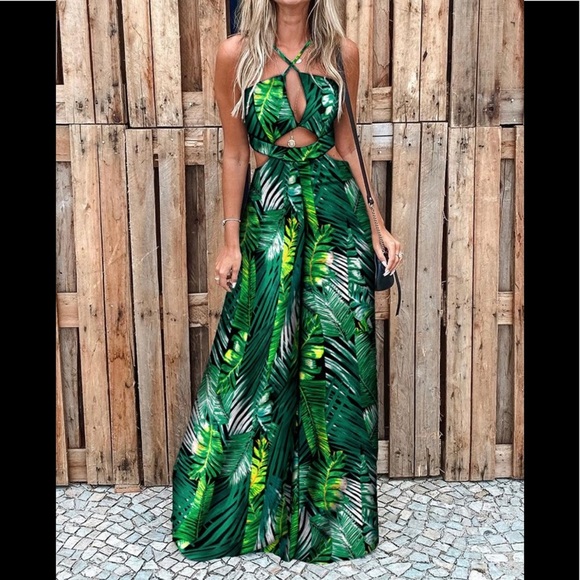 Pants - Palm leaf halter, wide leg jumpsuit.